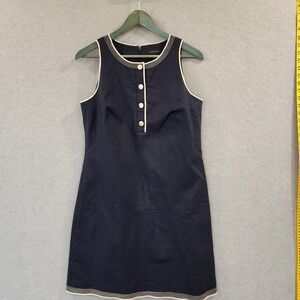 Ann Taylor Black Label Dress 8 Navy Blue Sleeveless Gold‎ Buttons Hidden Zipper